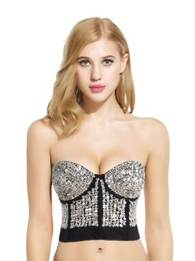 ALIVILA.Y Silver Sequin Bustier Crop Top